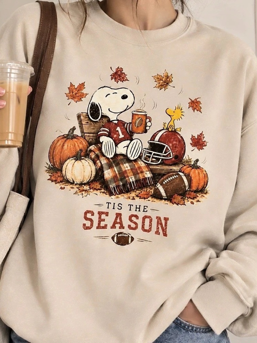 Snoopy Fall Football in Beige Graphic Sweatshirt